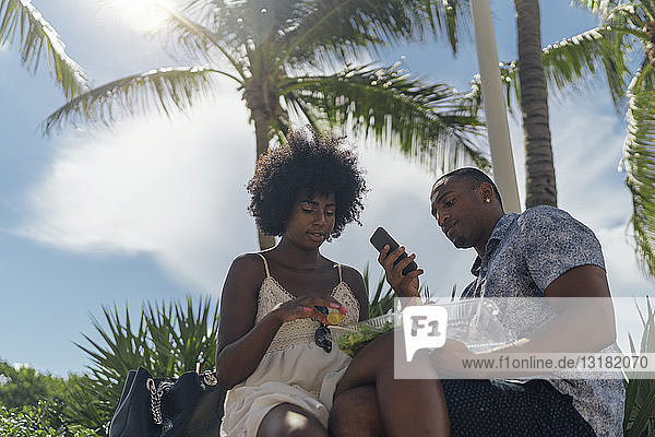 USA  Florida  Miami Beach  junges Paar mit Salat und Handy in einem Park