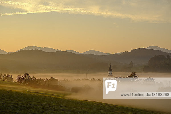 Germany Pfaffenwinkel view of landscape at morning mist