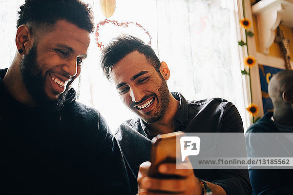 Fröhlicher junger Mann zeigt einem Freund ein Smartphone  während er während der Brunch-Party im Restaurant am Fenster sitzt
