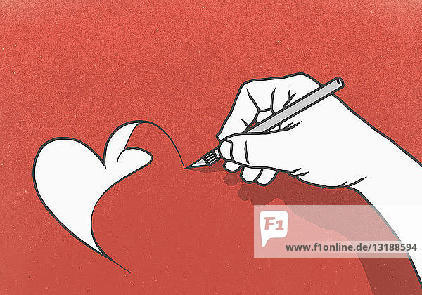 Hand schneidet Herzform aus rotem Papier mit Skalpell
