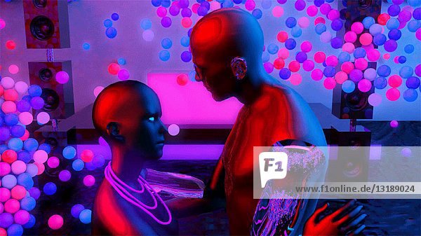 Futuristisches Paar  das sich in einem Nachtclub küsst  CGI-Effekt