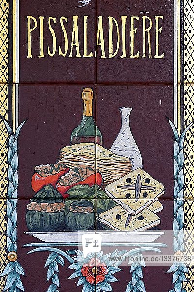 France,  Alpes Maritimes,  Nice,  ceramic on the facade of a restaurant from the Massena