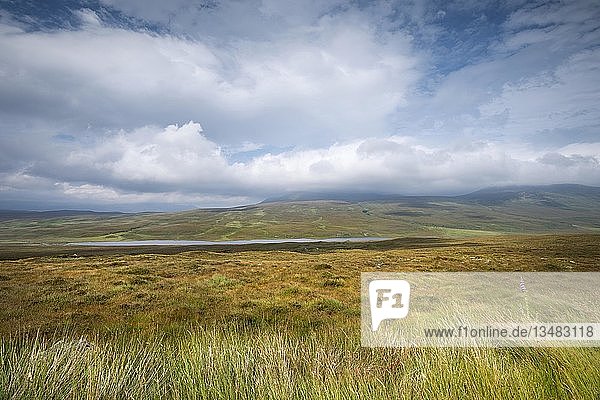Blick über das Moor mit Loch Coulside und Ben Loyal in den Wolken  Sutherland  Schottland  Großbritannien  Europa