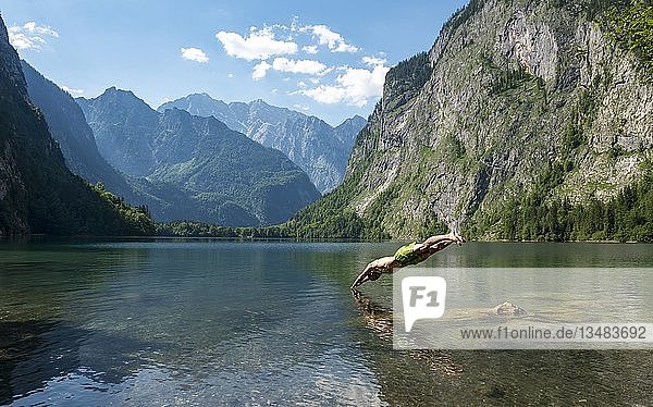 Junger Mann springt in den Obersee  hinter Watzmannmassiv  Salet am Königssee  Nationalpark Berchtesgaden  Berchtesgadener Land  Oberbayern  Bayern  Deutschland  Europa