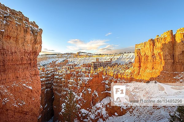 Amphitheater im Morgenlicht  schneebedeckte bizarre Felslandschaft mit Hoodoos im Winter  Navajo Loop Trail  Bryce Canyon National Park  Utah  USA  Nordamerika