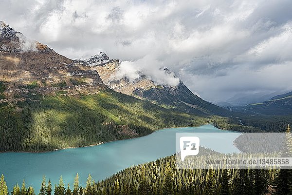 Clouds hanging in mountain peaks  turquoise glacial lake surrounded by forest  Peyto Lake  Rocky Mountains  Banff National Park  Alberta Province  Canada  North America