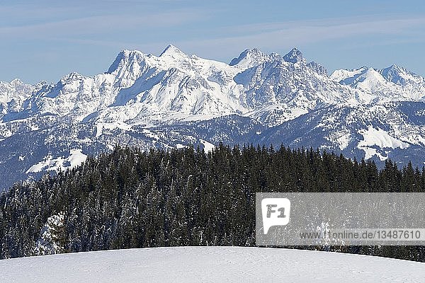 View from the skiing area Wilder Kaiser Brixental to the Loferer Steinberge in winter  Tyrol Austria