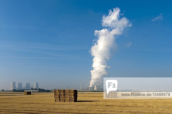 Abgeerntetes Getreidefeld dahinter das Kraftwerk Neurath Grevenbroich Nordrhein-Westfalen Deutschland Europa