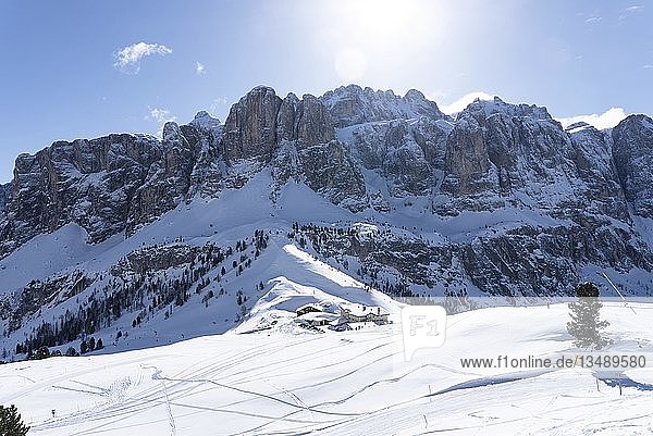 Blick vom Plan de Gralba auf das Grödner Skigebiet im Winter  bei Bozen  Südtirol  Italien  Europa