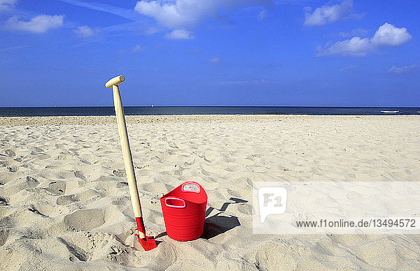 Bucket and spade on a beach  Julianadorp an Zee  North Holland  The Netherlands  Europe