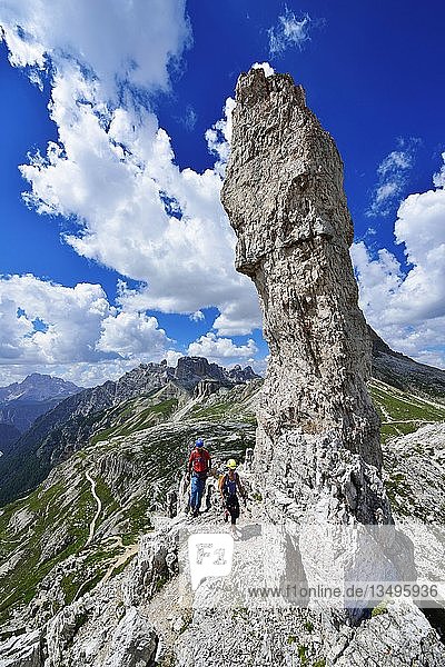 Mountaineers at the rock needle Frankfurter Sausage  Salsiccia  Sexten Dolomites  Alta Pusteria  South Tyrol  Italy  Europe