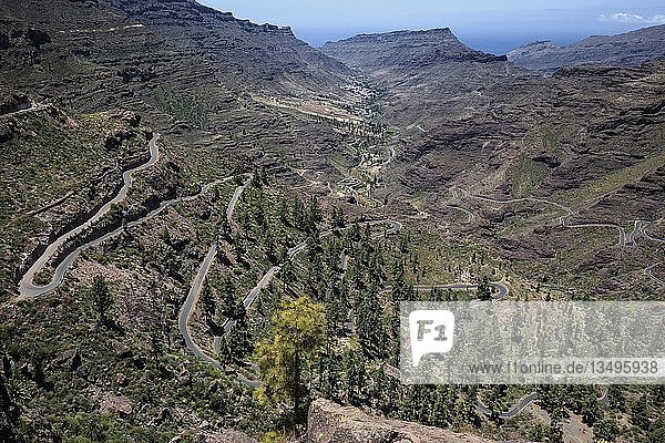 Blick auf die Serpentinenstraße GC605 und den Barranco de Mogan  hinter dem Stadtzentrum von Mogan  Gran Canaria  Kanarische Inseln  Spanien  Europa