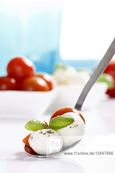 Mozzarellakugeln mit Tomaten und Basilikum auf einem Löffel
