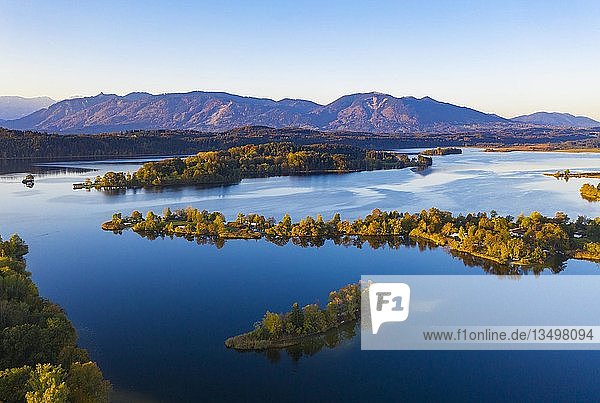 Lake Staffelsee with Gradeninsel  Buchau and WÃ¶rth islands  drone shot  Bavarian Alpine foothills  Upper Bavaria  Bavaria  Germany  Europe
