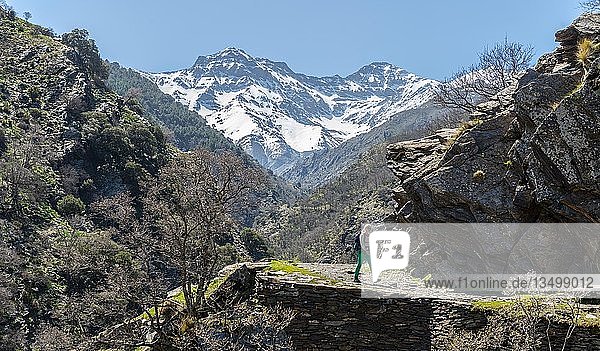 Wanderer auf einem Wanderweg  hinter Sierra Nevada  verschneite Berge bei Granada  Andalusien  Spanien  Europa