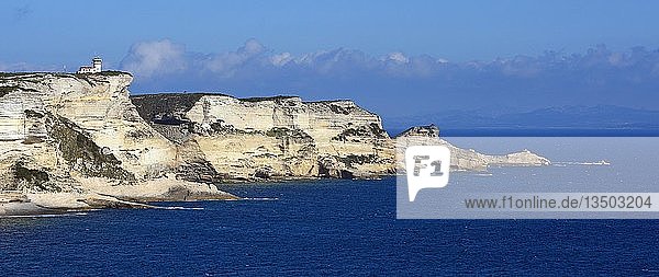 Schroffe Kreidefelsen  türkisblaues Meer und Wachturm  Klippen  Bonifacio  Korsika  Frankreich  Europa