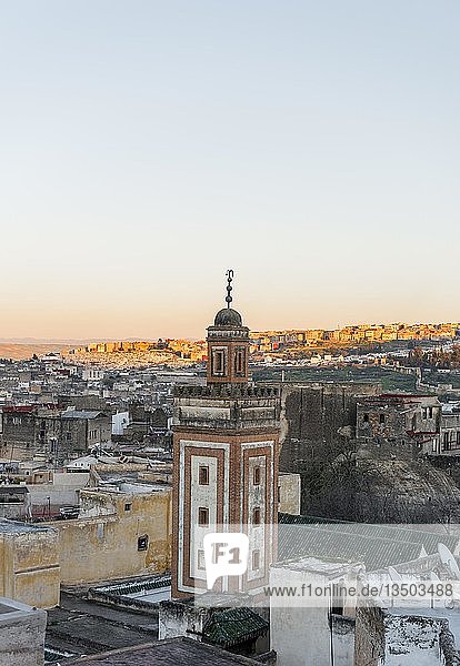 Blick auf die Altstadt  Moschee mit Minarett  Sonnenuntergang  Fes-Boulemane  Fez  Marokko  Afrika