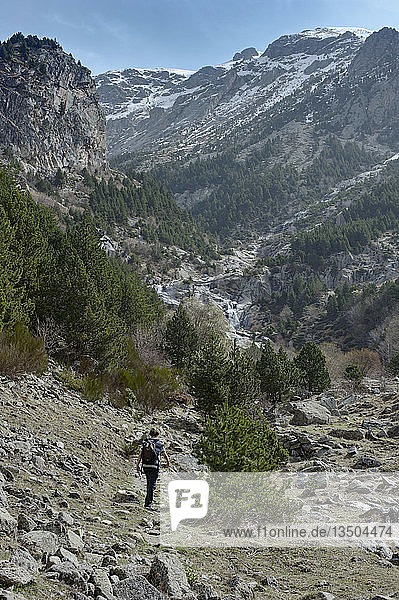 Junger Mann beim Wandern im Vall del Freser  Nordkatalonien  Spanien  Europa
