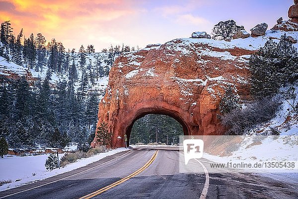 Straße mit Tunnel durch roten Felsbogen im Schnee  bei Sonnenuntergang  Highway 12  Sandsteinfelsen  Red Canyon  Panguitch  Utah  USA  Nordamerika
