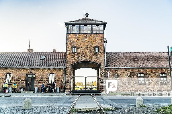 Railway leading to main entrance of Auschwitz concentration camp  museum nowadays  Poland  Europe