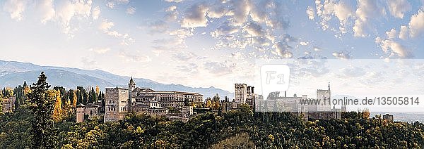 Panoramic view of the Alhambra  Sierra Nevada in the background  Granada  Andalusia  Spain  Europe