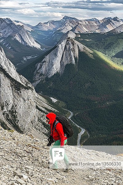Wanderin auf dem Gipfel  Sulphur Skyline Trail  Blick auf Brgslandschaft  Panoramablick  Nikassin Range  Jasper National Park  British Columbia  Kanada  Nordamerika
