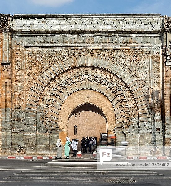 Native women in front of Bab Er Robb  old gate of the city wall  Marrakech  Morocco  Africa