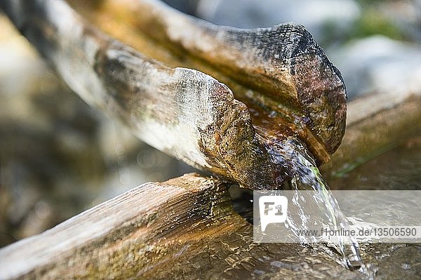 Frisches Quellwasser fließt durch eine Holzrutsche in einen alten Holztrog  Slowenien  Europa