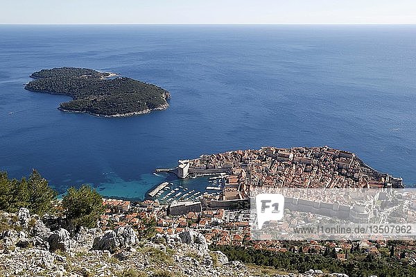 Historic centre of Dubrovnik and Lokrum island  view from Mount Srd  Croatia  Europe