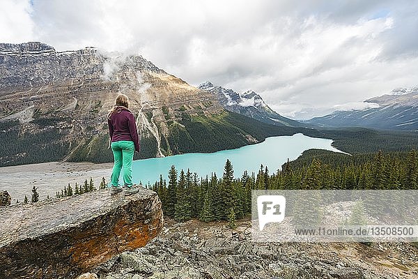 Hiker looks out into nature  turquoise lake  Peyto Lake  Rocky Mountains  Banff National Park  Alberta Province  Canada  North America