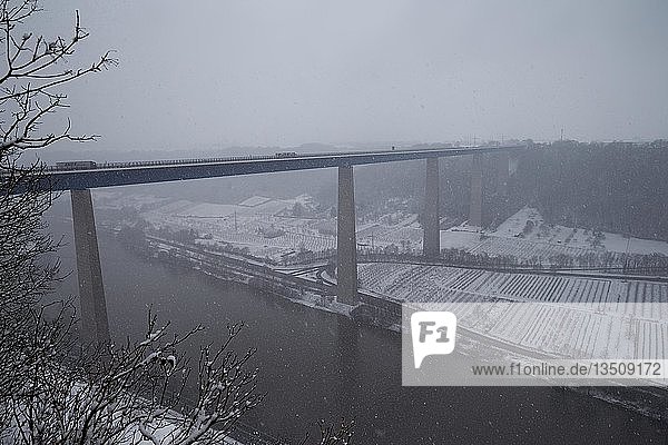 Die Autobahnbrücke der A61 in Winningen  Schneefall  Winningen  Rheinland Pfalz  Deutschland  Europa