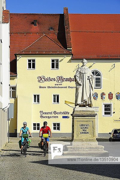 Cyclists in front of the statue of Ludwig I  King of Bavaria  Kelheim  Eastern Bavaria  Lower Bavaria  Bavaria  Germany  Europe