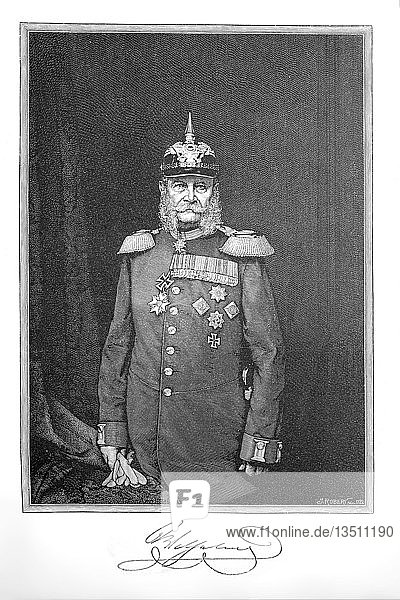 Wilhelm I. oder Wilhelm I.  Wilhelm Friedrich Ludwig von Hohenzollern  22. März 1797  9. März 1888  war König von Preußen und deutscher Kaiser  Holzschnitt aus dem Jahr 1888  Deutschland  Europa
