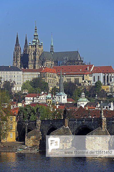 Blick über die Moldau auf die Karlsbrücke und den Veitsdom in den frühen Morgenstunden  Mala Strana  Prag  Böhmen  Tschechische Republik  Europa