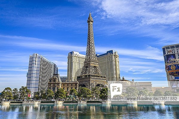 Reconstructed Eiffel Tower  Hotel Paris and the lake in front of Hotel Bellagio  Las Vegas Strip  Las Vegas  Nevada  USA  North America