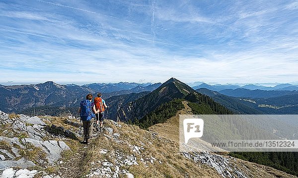 Wanderer bei der Überquerung der Blauberge  vom Predigtstuhl über Blaubergschneid  Blaubergkopf und Karschneid nach Halserspitz  Wildbad Kreuth  Oberbayern  Bayern  Deutschland  Europa