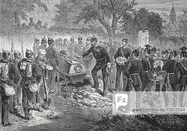 Burial of the French general Douaine by Prussian troops in Sarreguemines on August 7  1870  Franco-German War 1870/1871  woodcut  France  Europe
