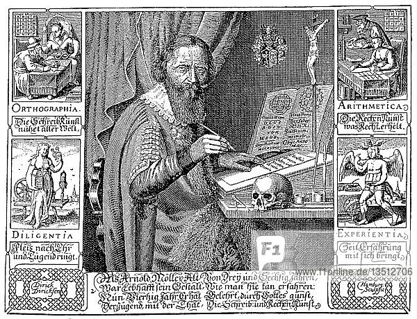 Ein Schreib- und Rechenlehrer des 17. Jahrhunderts an seinem Schreibtisch  1644  Holzschnitt  England