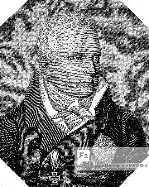 Karl August Fürst von Hardenberg  31. Mai 1750  26. November 1822  war ein preußischer Staatsmann  preußischer Außenminister von 1804 bis 1806 und Staatskanzler  Holzschnitt  Deutschland  Europa