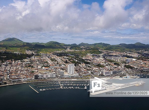 Aerial view  city view with marina  Ponta Delgada  Sao Miguel Island  Azores  Portugal  Europe