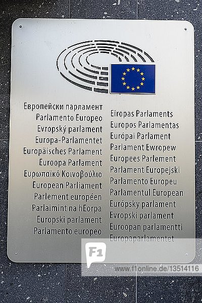 Sign  European Parliament  in international languages  Brussels  Belgium  Europe