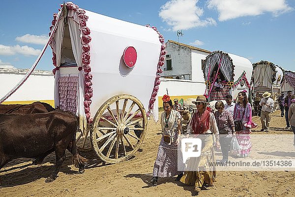 Verzierte Ochsenkarren Leute in traditioneller Kleidung Pfingsten Wallfahrt von EL Rocio Huelva-Provinz Andalusien Spanien Europa