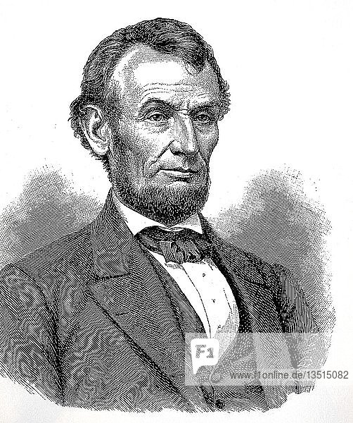 Abraham Lincoln  12. Februar 1809  15. April 1865  16. Präsident der Vereinigten Staaten von Amerika  Holzschnitt  Amerika