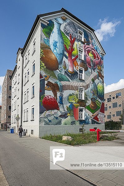 Hausfassade mit Graffiti vom spanischen Streetart-Künstler Liqen El Gabinete de las curiosidades Dachauerstraße München Oberbayern Bayern Deutschland Europa