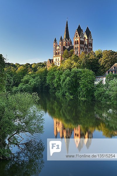 Limburger Dom St. Georg oder Georgsdom über dem Fluss Lahn  Morgenlicht  Wasserspiegelung  Limburg an der Lahn  Hessen  Deutschland  Europa