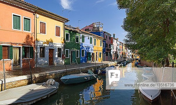 Panoramablick auf die Stadt und die bunt bemalten Häuser und Kanäle von Burano  Venedig  Italien  Europa