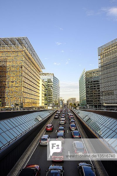 Car traffic  rush hour in Rue de la Loi  left Council of Europe  right European Commission district  Brussels  Belgium  Europe