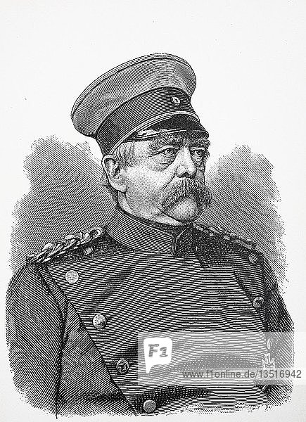 Porträt von Otto Eduard Leopold  Fürst von Bismarck  Herzog von Lauenburg  1. April 1815  30. Juli 1898  Otto von Bismarck  preußischer Staatsmann  Holzschnitt  Deutschland  Europa