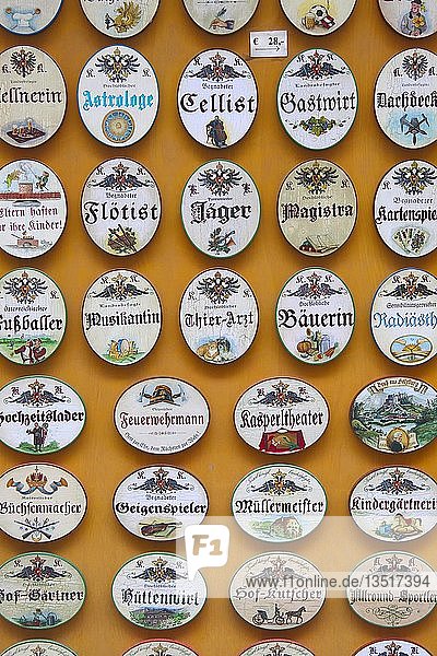 Kleine bunt bemalte Holzschilder für verschiedene Berufe  Salzburg  Österreich  Europa