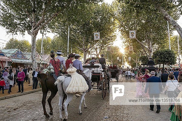 Horse-drawn carriage in front of Casetas  sun shines through trees  traditional clothing  Feria de Abril  Seville  Andalucia  Spain  Europe